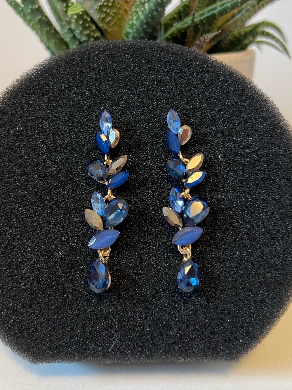 Blue Crystal Drop Leaf Dangle Earrings - Women Jewelry